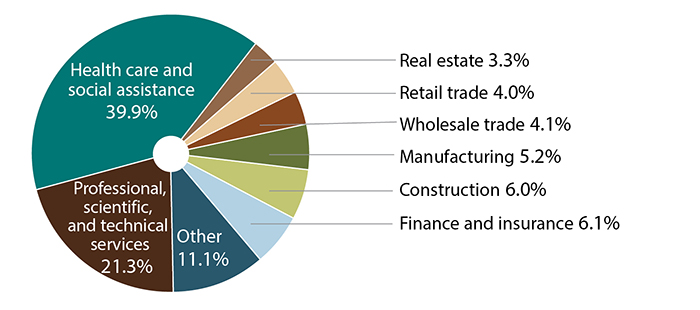Cash balance plans by business type: health care and social assistance 39.9%; professional, scientific, and technical services 21.3%; other 11.1%; finance and insurance 6.1%; construction 6%; manufacturing 5.2%;  wholesale trade 4.1%; retail trade 4%; real estate 3.3%