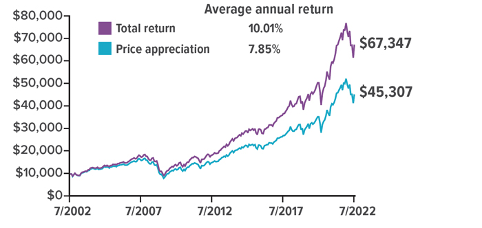 Graph compares price appreciation and total return of a hypothetical $10,000 investment in the S&P 500 index from July 31, 2002 to July 31, 2022. The average annual total return was 10.01%, and the average annual price appreciation was 7.85%. Ending values for the 20-year period were $67,347 in total return and $45,307 in price appreciation.