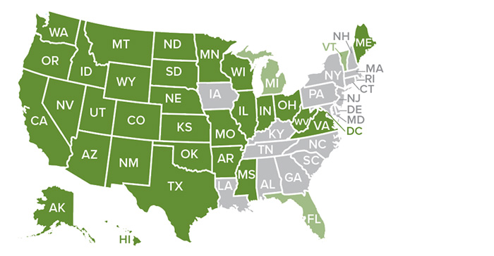 Washington, Oregon, California, Idaho, Nevada, Arizona, Utah, Montana, Wyoming, Colorado, New Mexico, North Dakota, South Dakota, Nebraska, Kansas, Oklahoma, Texas, Minnesota, Missouri, Arkansas, Wisconsin, Illinois, Mississippi, Indiana, Ohio, West Virginia, Virginia, Maine, Alaska, Hawaii, and Washington, D.C. allow a TOD deed. Florida, Michigan and Vermont allow an enhanced life estate deed. Texas and West Virginia allow Lady Bird deeds. 