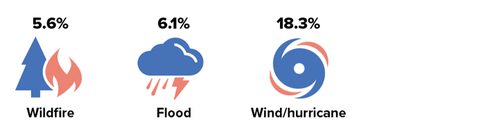 Wildfire: 5.6%, Flood 6.1%, Wind/hurricane 18.3%.