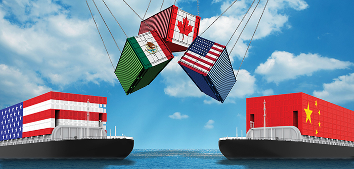 Image shows US, Mexico and Canada cargo containers hanging by chains above two container barges, one painted to resemble the U.S. flag and the other to resemble the Chinese flag