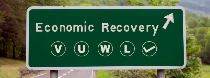 Road sign showing possible shape of the economic recovery ahead based on the letters V, U, W, L and a check mark