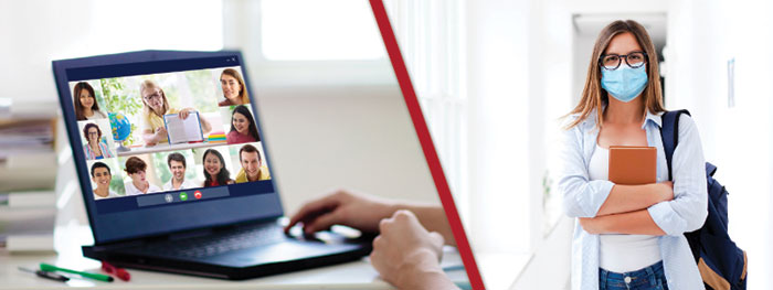 Laptop with virtual classroom on screen. Student wearing face mask.