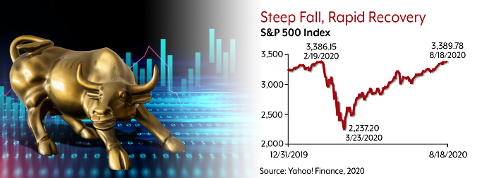 The S&P 500 index fell from about 3,386 on 2/19/20 to 2,237 on 3/23/20, then rose to 3,389 by 8/18/20