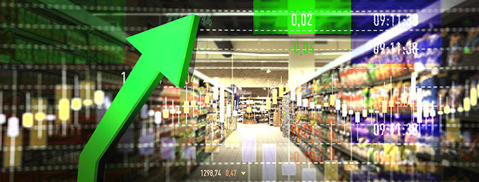 Supermarket with green arrow pointing upward to the numbers 0.02, minus 0.04, 09:11:38, 09:11:38, and 09:11:38