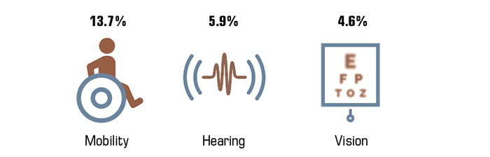 Percentage of Percentage of Adults with Functional Disabilities: Mobility 13.7%, Hearing 5.9%, Vision 4.6%.