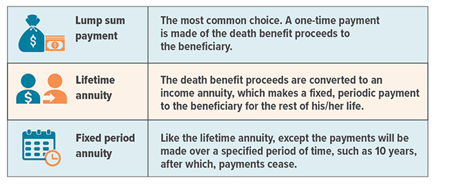 Life Insurance Payout Options: Lump sum payment: The most common choice. A one-time payment is made of the death benefit proceeds to the beneficiary. Lifetime annuity: the death benefit proceeds are converted to an income annuity, which makes a fixed, periodic payment to the beneficiary for the rest of his/her life. Fixed period annuity: Like the lifetime annuity, exept the payments will be made over a specified period of time, such as 10 years, after which, payments cease.